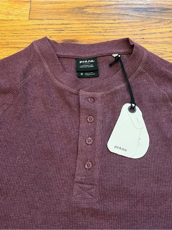 Prana Men’s Long-Sleeve Cotton Waffle Knit Maroon Plum Cotton Blend Henley M NWT - Picture 3 of 7